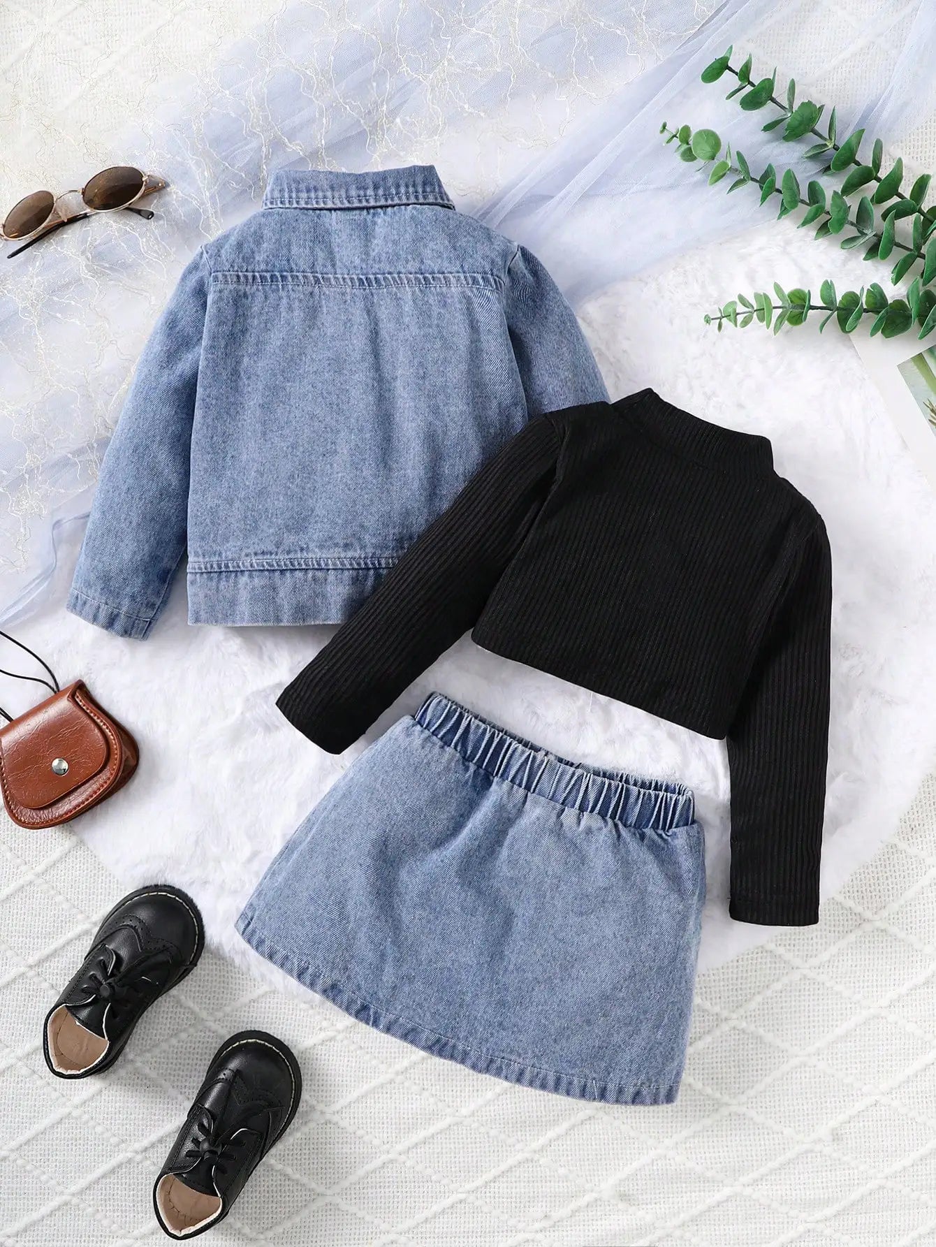 Baby Girl Autumn Trendy Three Piece Denim Jacket Black High Collar Knitted Top Denim Skirt Street Party Set