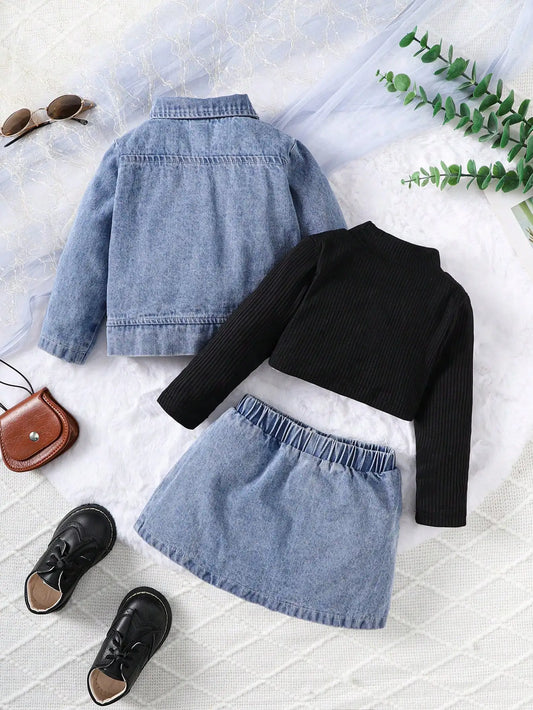 Baby Girl Autumn Trendy Three Piece Denim Jacket Black High Collar Knitted Top Denim Skirt Street Party Set