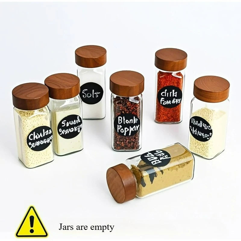 Square Spice Jars with Label with Acacia Wood Lids Dispensing Bottles Glass Sealed Jar  Clear Empty Bottles Seasoning Organizer