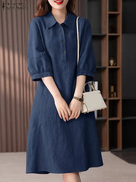 Women Cotton Shirt Dress 2024 Summer Lapel Neck Dresses Korean Office 3/4 Sleeve Midi Vestidos Elegant Solid Buttons Robe