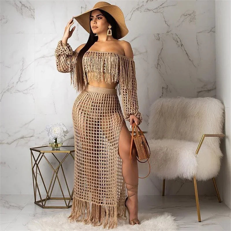 Fringed Tassel 2 Piece Sets Women Outfit Beach Wear Vacation Knitted Crochet Hollow Out See Through Crop Top and Long Skirt Sets