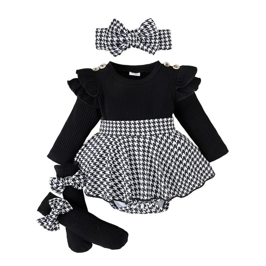 Baby Girl Spring Outfits Long Sleeve Houndstooth Print Romper Dress with Headband and Long Socks