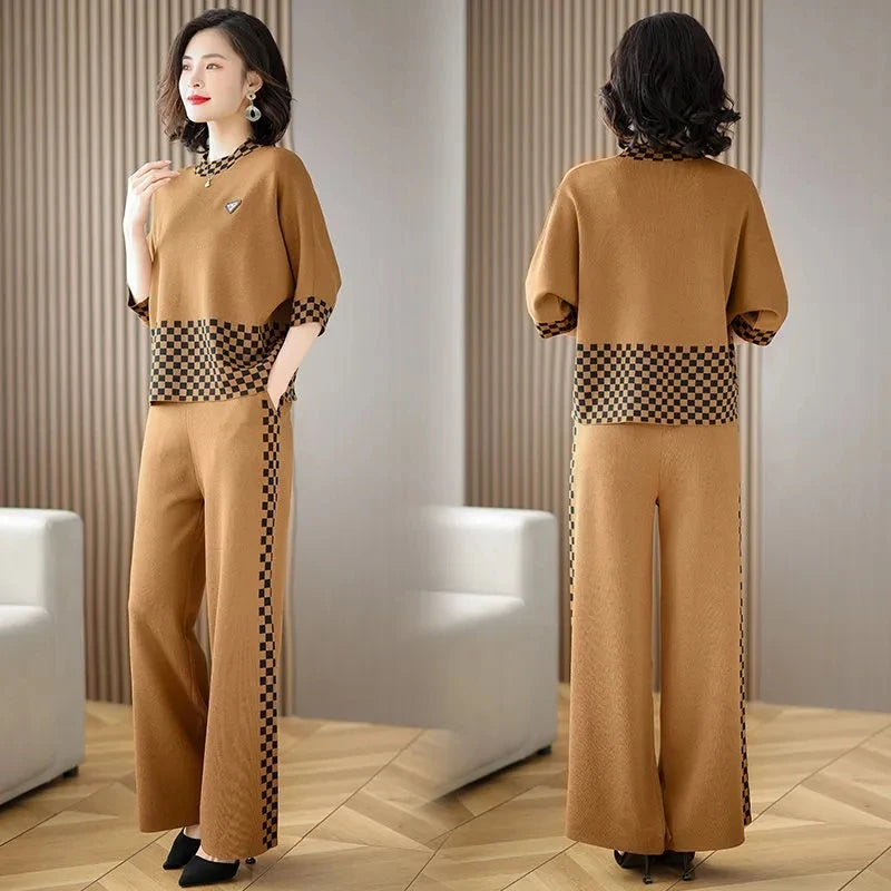Noble Fashion Suits Spring Summer Middle Aged Mother Wide Leg Pants Sets Large Size Loose Tops + Casual Pants 2PCS Women Outfit