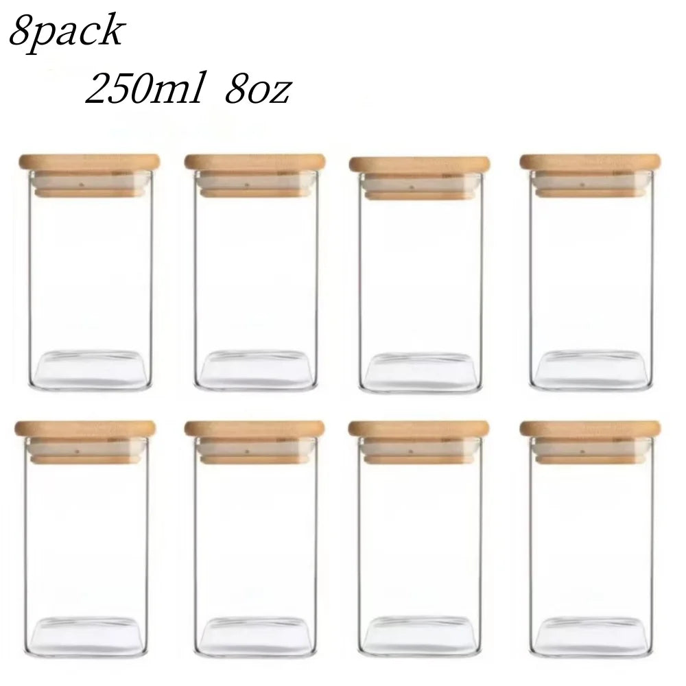 1/4/6/8/12Pcs - Square Food Storage Containers, Kitchen Spice Glass Jars, Transparent Glass Jar Set, Square Wide-Mouth Glass Storage Containers, Glass Airtight Jars, Coffee Bean Storage Containers, for Kitchen Spices, Grains,