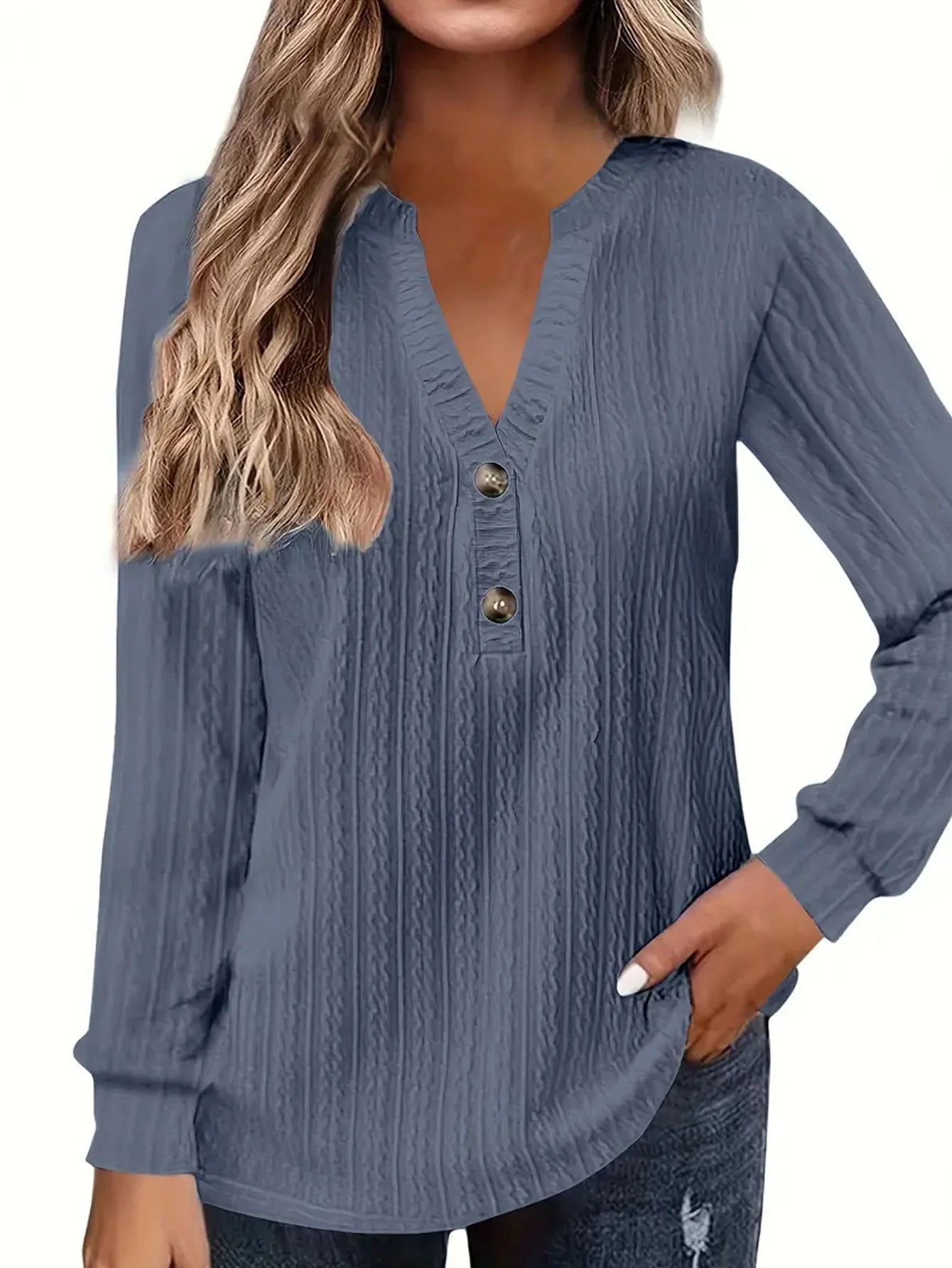 Plus size casual top  women's wide solid color chunky knit long sleeve button detail V-neck slightly elastic elegant top shirt