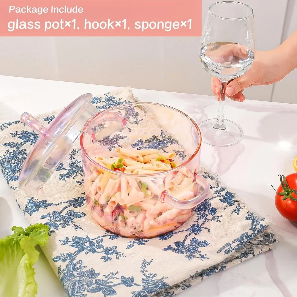 Aesthetic Pink Glass Saucepan Borosilicate Resistant Binaural Soup Stovetop Stew Pot Pasta Noodle Stockpot Cookware Kitchen Tool
