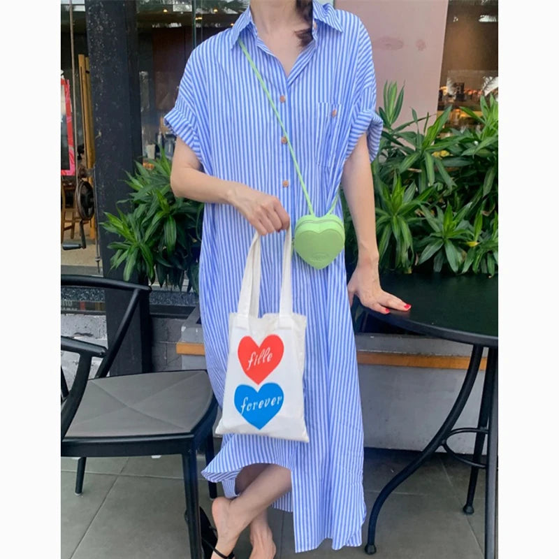 New Stripe Plus Size Loose Casual Shirt Dress Women Short Sleeve Button Up Summer Dress Office Lady Elegant Fashion Long Dresses