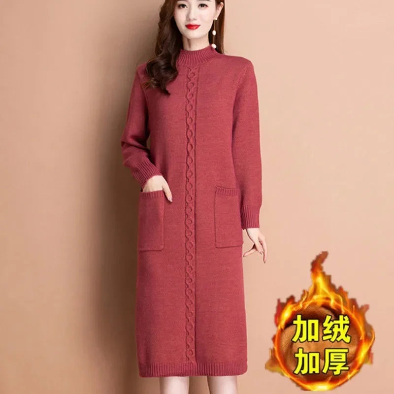 Autumn Winter Women Knit Dress New Long Sleeve Party Midi Dress Ladies Half High Collar Loose Elegant Knitted Sweater Dresses