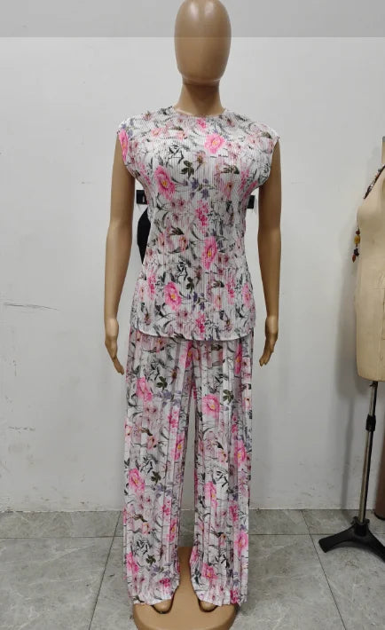 Women Set Floral Print Short Sleeve Pleated T-Shirt + Wide Leg Pants 2025 Street Sexy Two 2Piece Sets Outfits Tracksuit