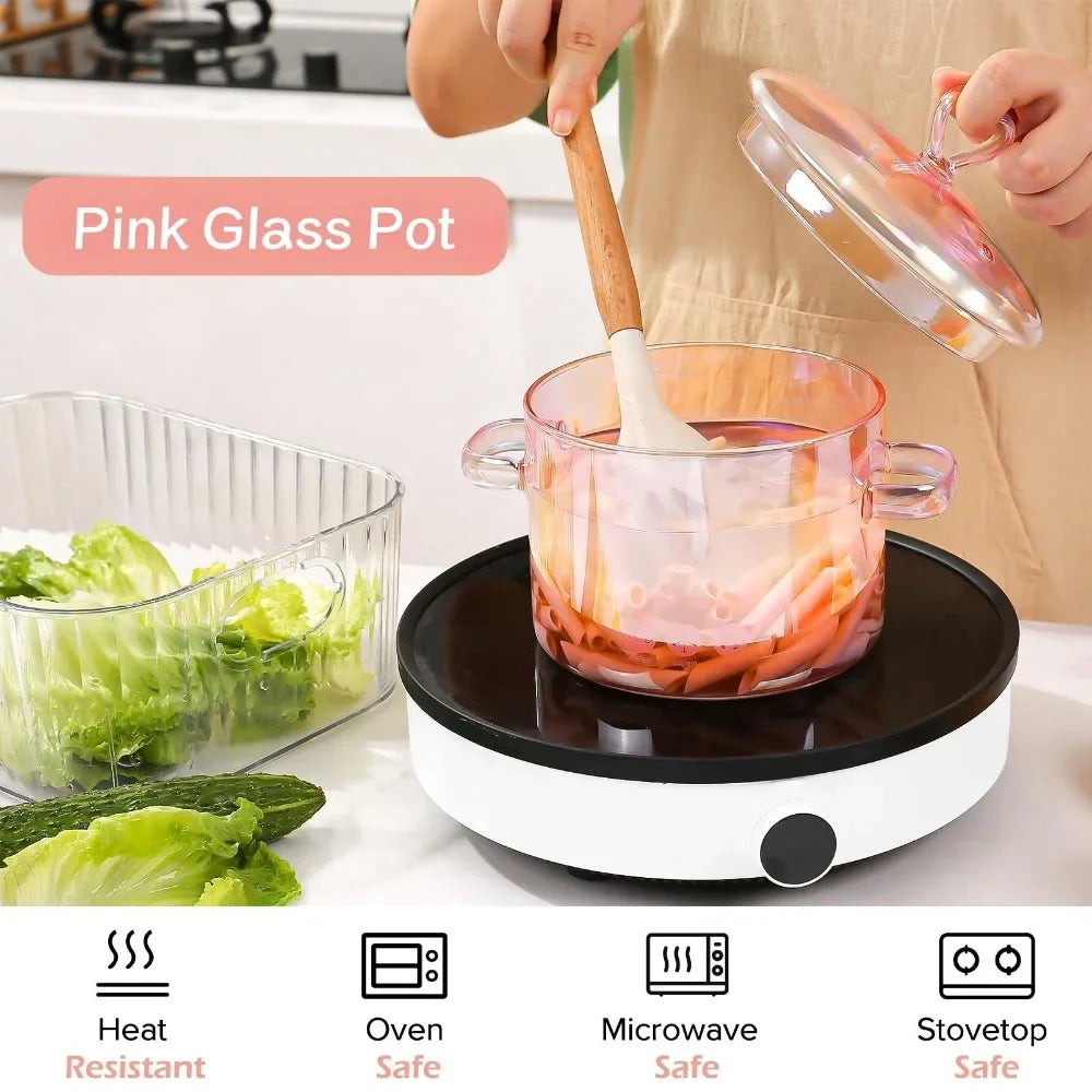 Aesthetic Pink Glass Saucepan Borosilicate Resistant Binaural Soup Stovetop Stew Pot Pasta Noodle Stockpot Cookware Kitchen Tool