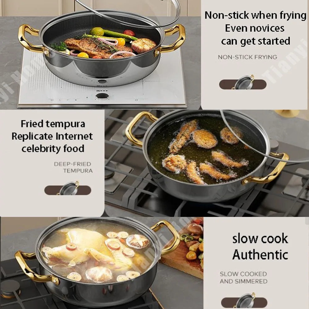 12 Inch Stainless Steel Nonstick Deep Frying Pan Hot Pot with Lid Soup Pot Wok Two Handle Hold PFOA Free, Dishwasher Oven Safe