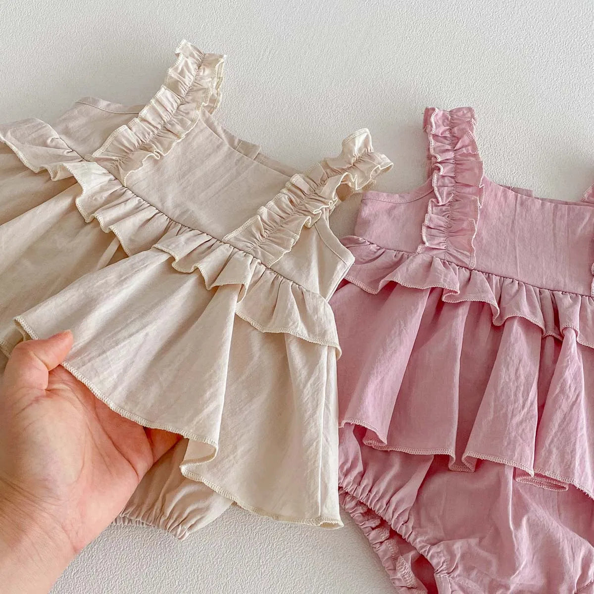 2026 Summer 0-2Y Baby Girl Clothes Mushroom Lace Shoulder Strap Girls Dress Bodysuit Korean Style Pure-color Toddler One-piece