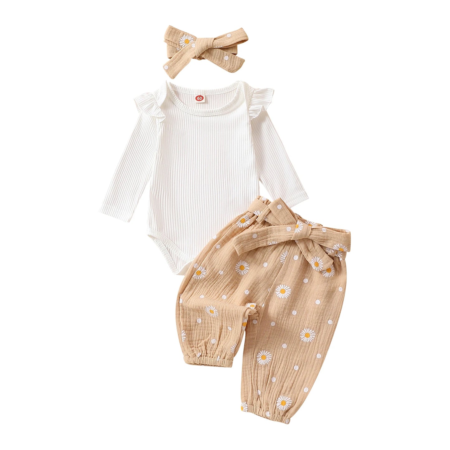 Citgeett Spring Infant Baby Girls Pants Sets White Long Sleeve Ruffle Romper Daisy Print Belted Pants Headband Autumn Sets
