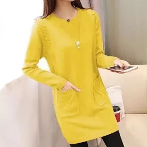 Solid Long Sweater Women Clothing 2025 New Korean Pocket Knit Sweater Dress Casual Warm Loose O neck Long sleeve Ladies Pullover