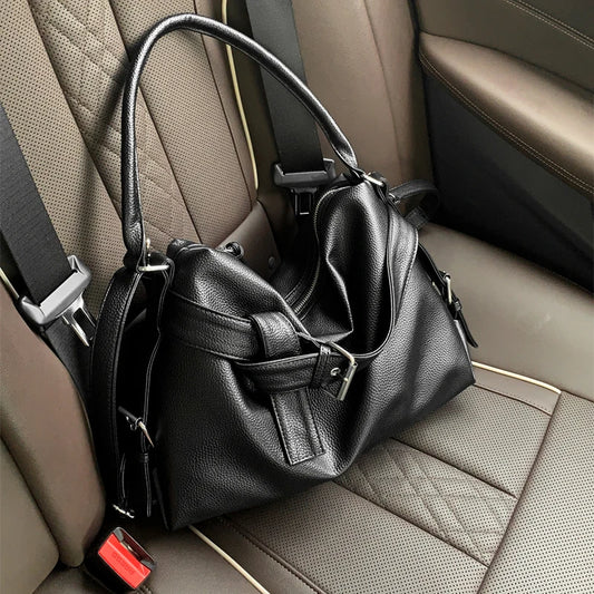 Large Capacity Soft Leather Tote Bag Fashion Belt Buckle Handbag New Shoulder Messenger Bag Retro Hot Girl Motorcycle Bag
