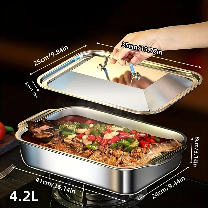 4-Piece Stainless Steel Baking Pan Set with Lids-16''x9'' Deep Dish for Fish/Pasta/Grilling Oven & Dishwasher Safe Cookware 4.2L