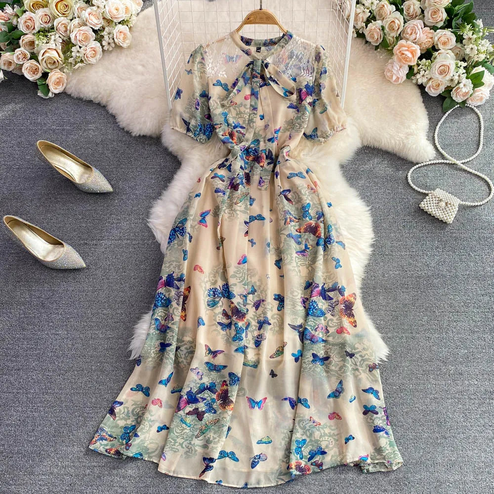Retro  Knot Bubble Sve ort Dr Slimming A-Line Floral Chiffon Dr Ele Long Skirt High Waist Korean Sle