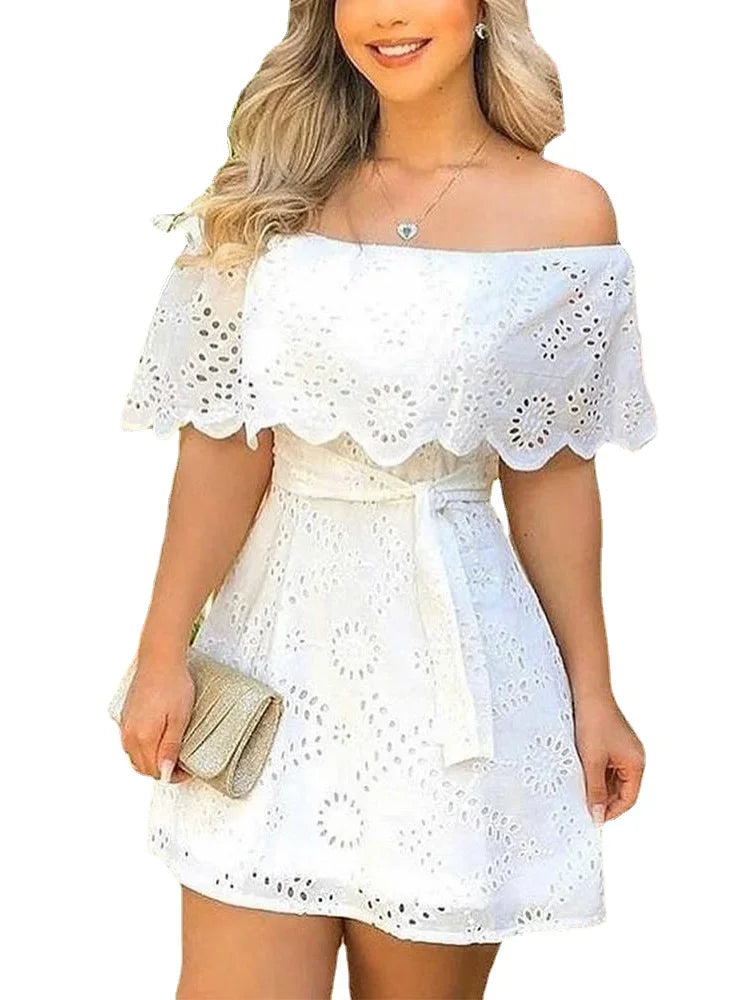 Summer Hollow Out White Dress Women 2025 New Fashion Off Shoulder Lace Up Mini Dress Fashion Lace Splicing Holiday Long Dresses