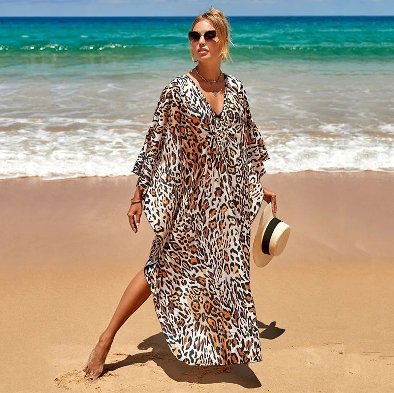 Plus Size Womens Animal Print Kaftan Dresses Caftans Swimwear Coverups Summer Bathing Suit Long Beach Dress