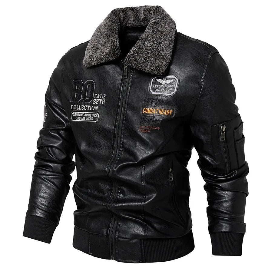 Business Slim fit Leather Bomber Jacket Men Slim Leather Flight Jacket Black Pilot Coat High Quality Man Fur collar Warm Jackets