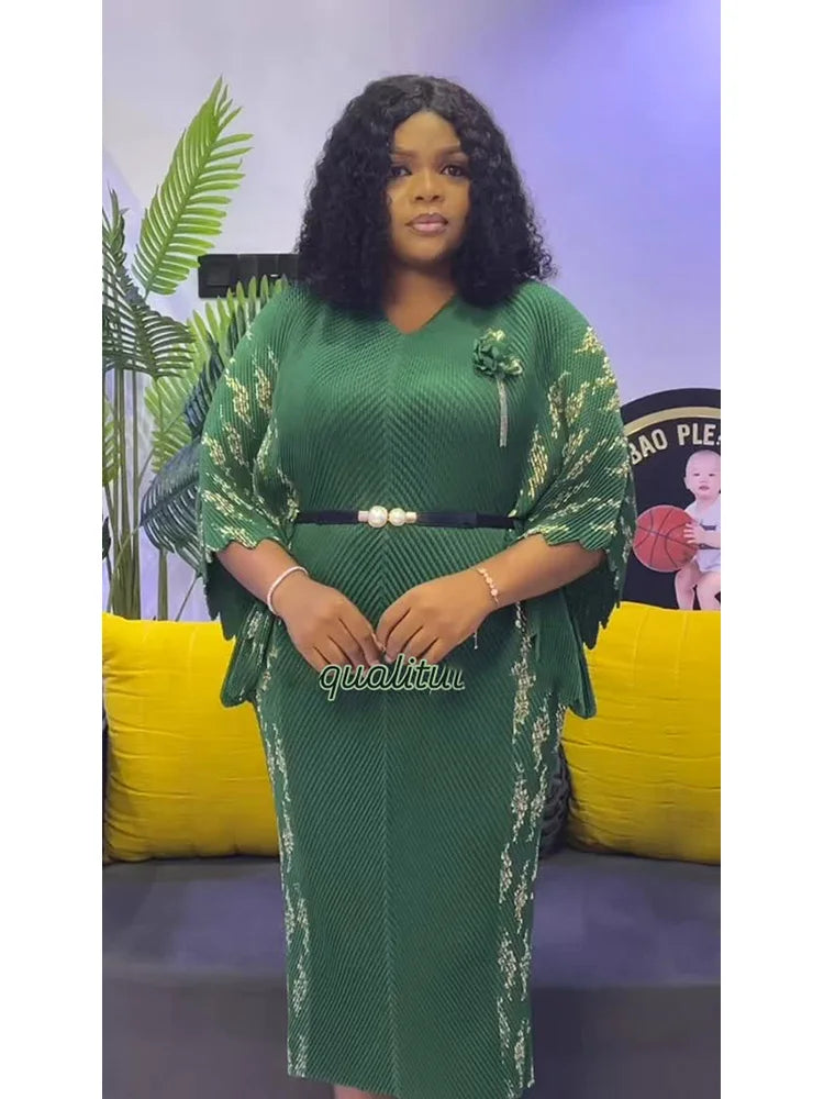 EGRM High-end Pleated Dresses For Women Traditional Clothing Batwing Sleeve V-neck Print Gown Maxi Long Dress 2025 New 7R6192