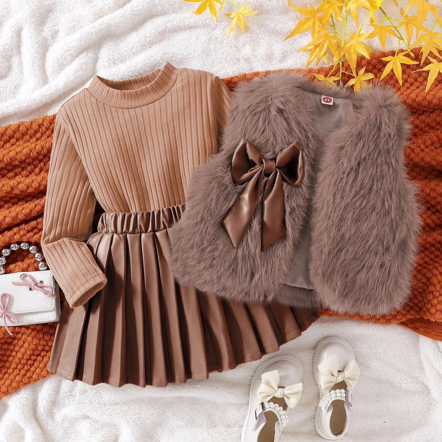 Autumn Winter Girl Clothes Set Baby Toddler Girl Suits Fur Vest Long Sleeve Shirt Base Layer and Faux Leather Skirt Pleated Chic