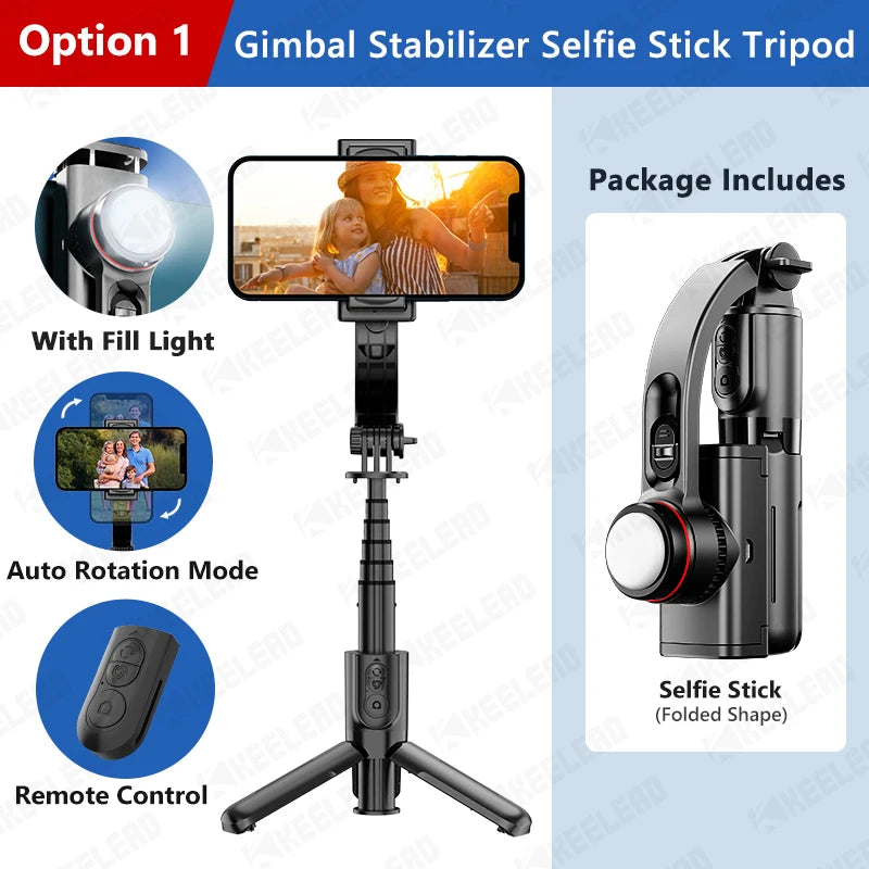 Gimbal Stabilizer Selfie Stick Tripod with Fill Light Bluetooth Wireless Extendable for Samsung IPhone Cellphone Smartphone