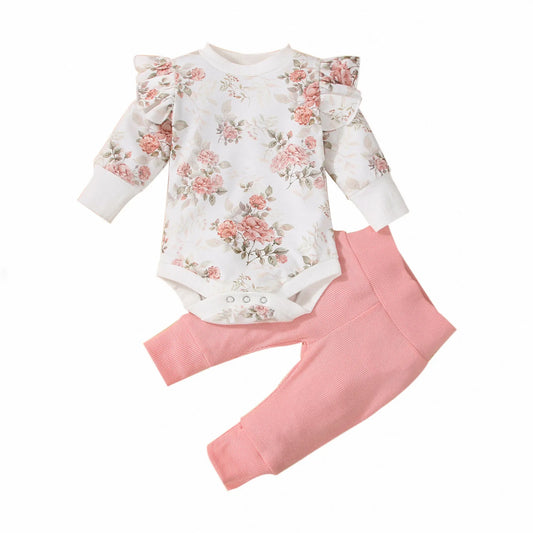0-18M Baby Girls Floral Clothes Suits Cotton Long Sleeve Romper Tops Pants 2Pcs Spring Autumn Infant Girls Clothing Outfits