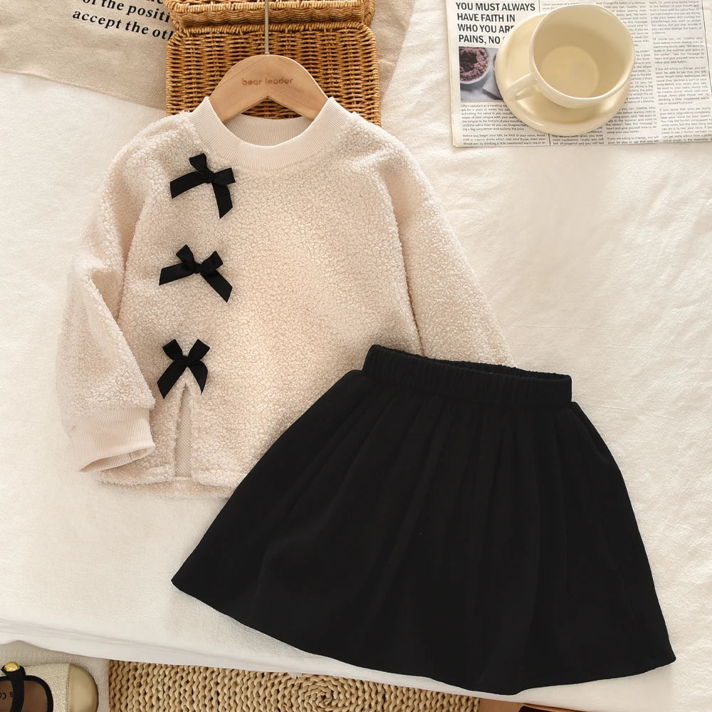 Bear Leader Autumn Winter Korean Version Beige Girls' Set Casual Kids Clothes Bow Fleece Long Sleeved Top + Black Short Skirt