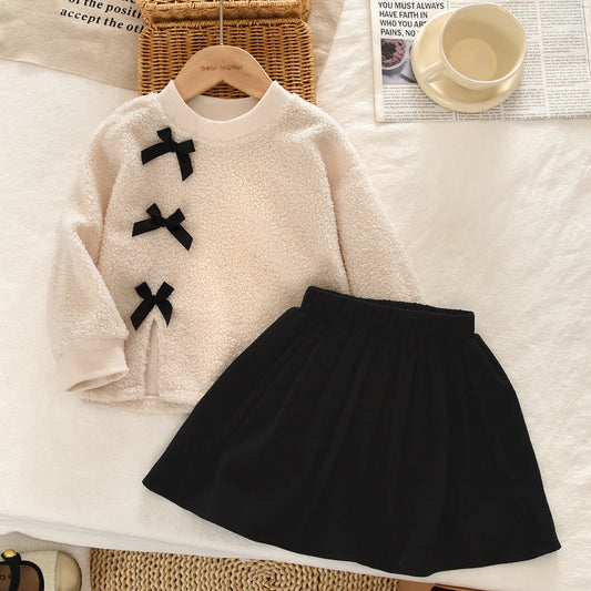 Bear Leader Autumn Winter Korean Version Beige Girls' Set Casual Kids Clothes Bow Fleece Long Sleeved Top + Black Short Skirt