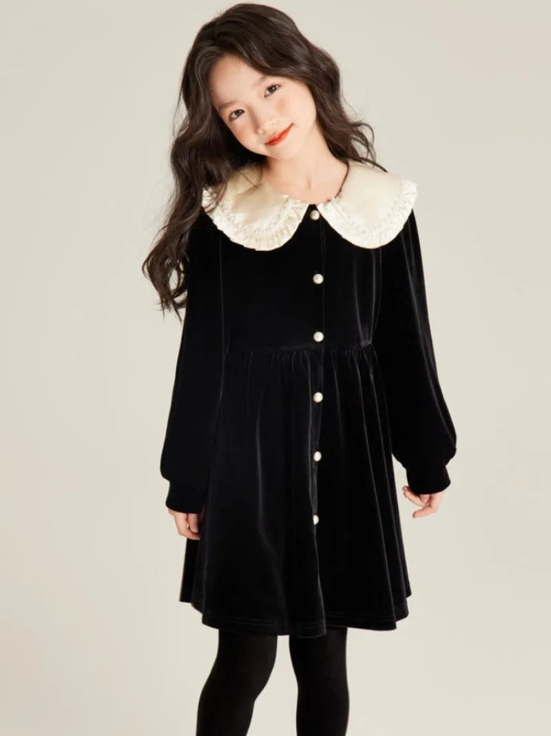 Girls' Autumn/Winter High-end Fleece-lined Velvet Elegant Black Princess Gown Dress - 4-12 Years Old