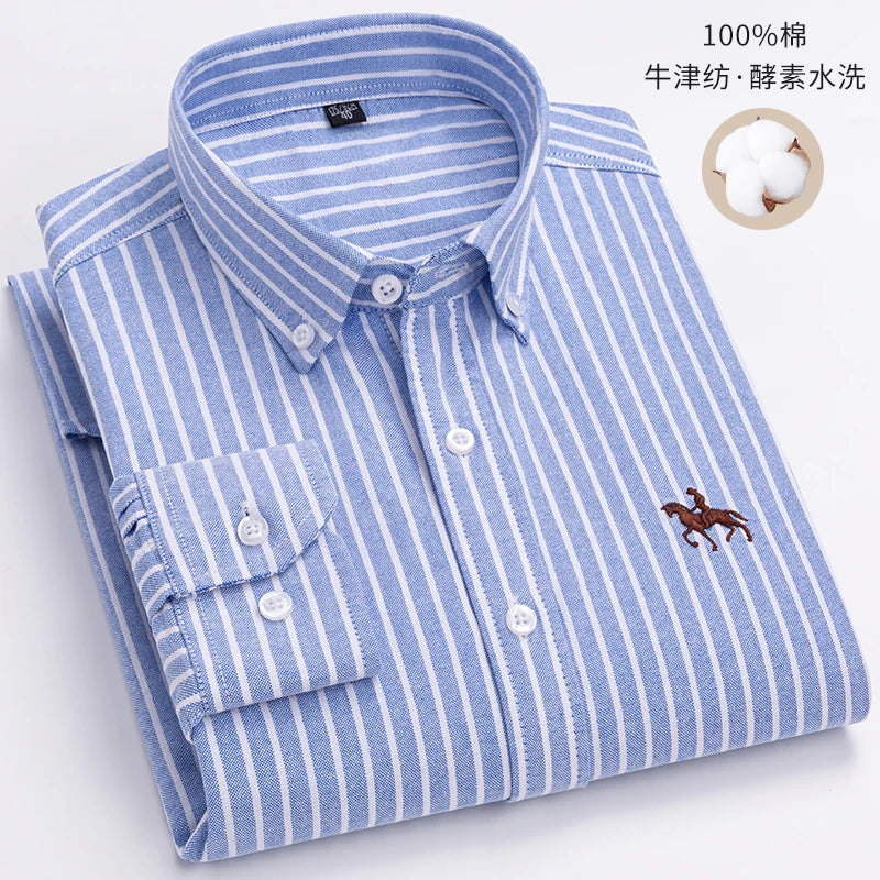 S~6XL Cotton Oxford Shirt For Mens Long Sleeve Plaid Striped Casual Shirts Male Pocket Regular-Fit Button-Down Work Man Shirt