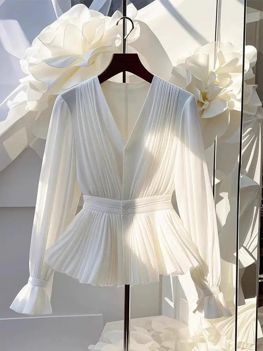 Youth Elegant Pleated White Long Sleeve Button Up Shirt Women V Neck Ruffle Tunic Basic Blouse Chiffon Lady Office Casual