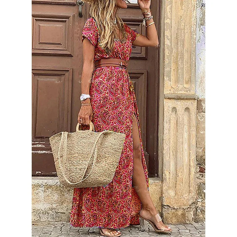 2024 Summer Bohemian Women's Long Dress V Neck Short Sleeve Floral Printed Beach Elegant Vintage Dress with Belt