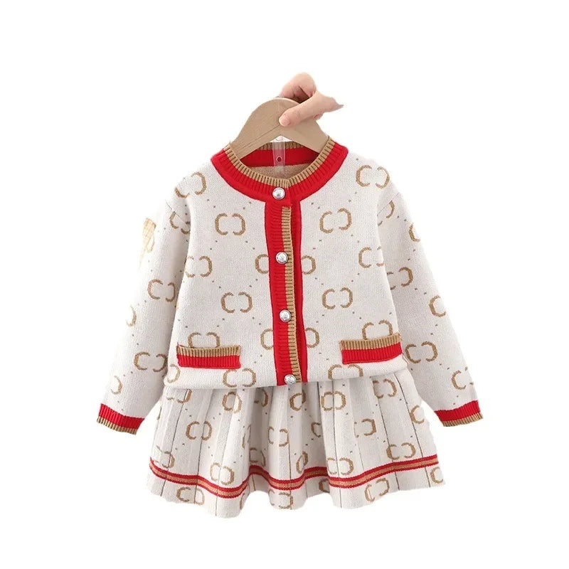 Children's Sweaters Knit Cardigan Top + Pleated Skirt 2pcs Sets Kids Clothes Girls Knitted Sweater Winter Clothes for Girls