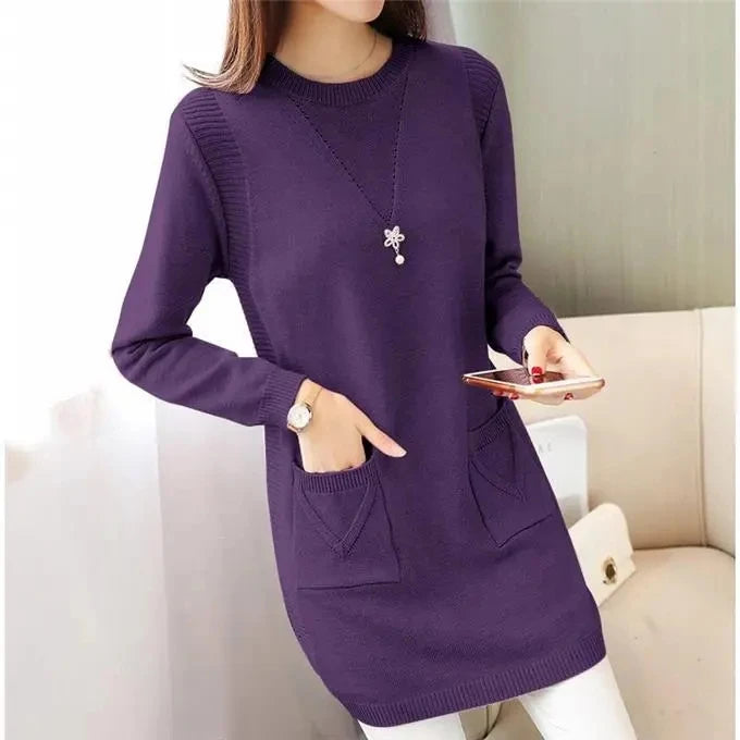 Solid Long Sweater Women Clothing 2025 New Korean Pocket Knit Sweater Dress Casual Warm Loose O neck Long sleeve Ladies Pullover