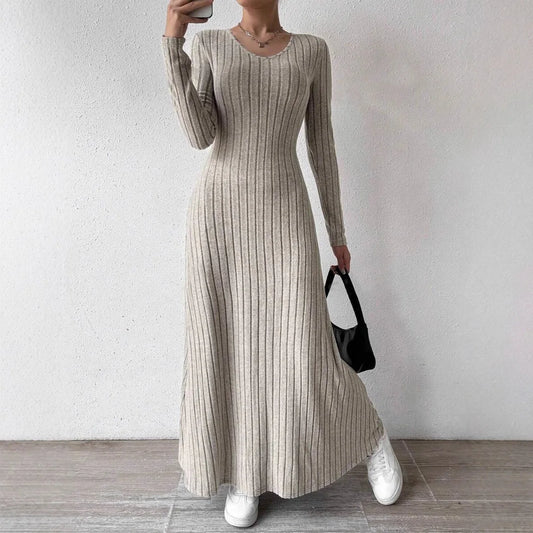 Solid Color Casual Slim Long Dresses For Women 2025 Fashion Autumn Women's A-Line Midi Dress Elegant Vintage Female Dresses