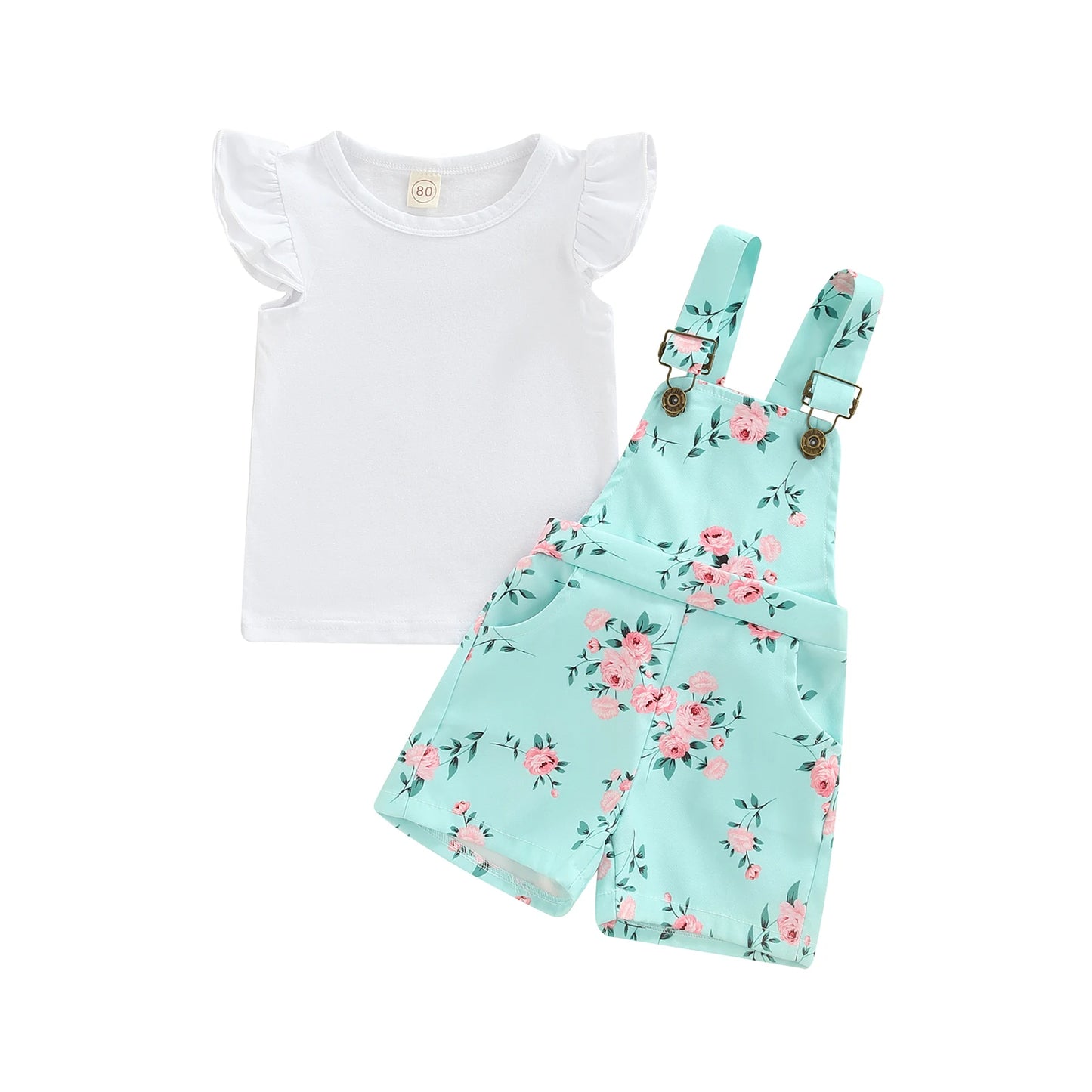 Little Infant Kid Girl 2PCS Pants Set Fly Sleeve Plain O-Neck T-Shirt, Floral Patterns Copper Buttons Suspender Short Pants 1-5T