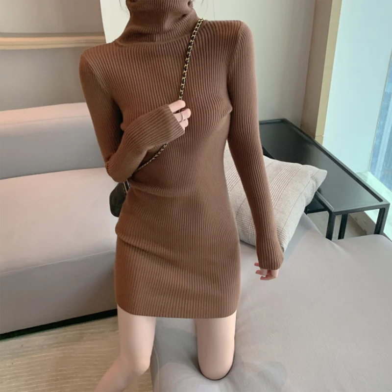Women Autumn Winter Turtleneck Warm Bodycon Dress Long Sleeve Knit Solid Office Pullover Sexy Mini Dress for Ladies 2025