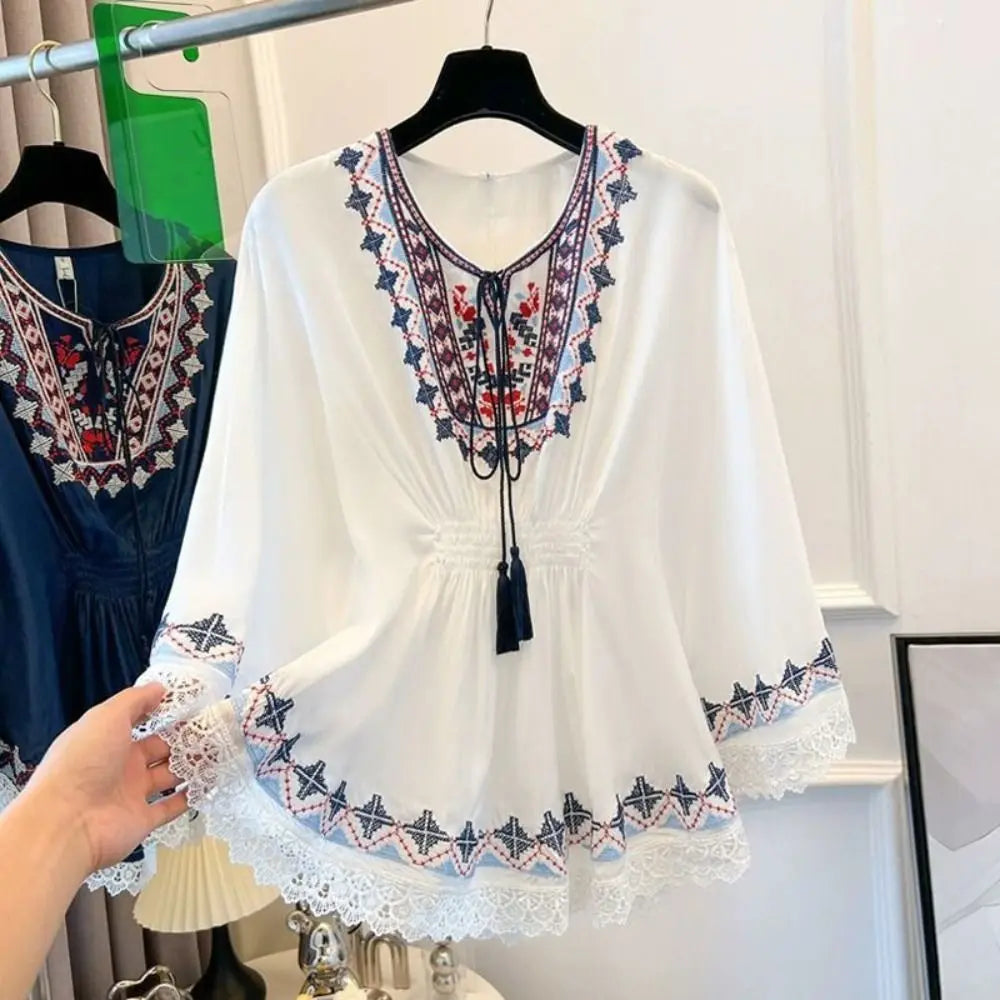 Sweet Lace-up Tassel Bohemian Style T-shirt Loose Round Neck Short Sleeve T Shirt Embroidery Blouses Ethnic Style Tops Women