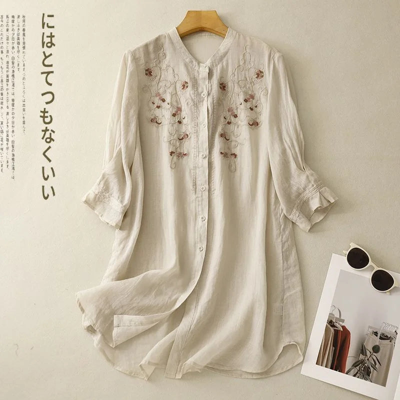2025 New Literary Floral Embroidery Women O Neck Cotton Linen Long Shirts Loose Summer Blouses Sum Protection Female Casual Tops