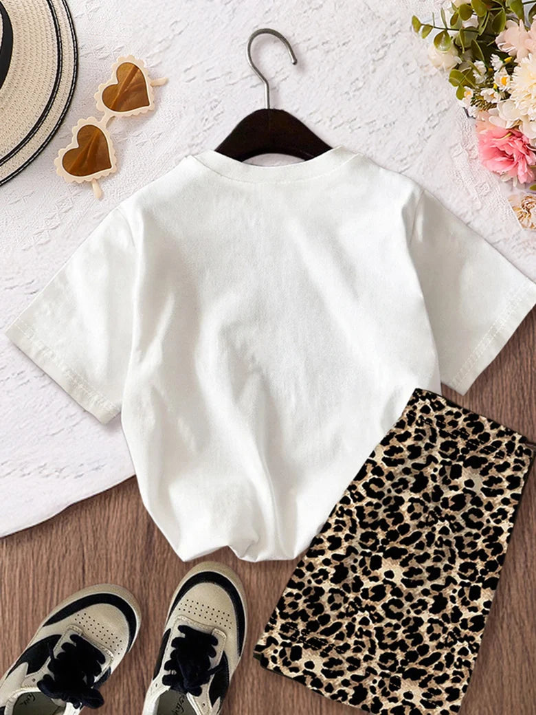 2-Piece Set of Fashionable Girls' Clothing: Big Girl Bowknot Print Round-Neck Short-Sleeve Top + Leopard Print Elastic Waist Shorts, Outdoor Stylish and Youthful Comfortable Outfit for Girls, Casual Children's Clothing for Da