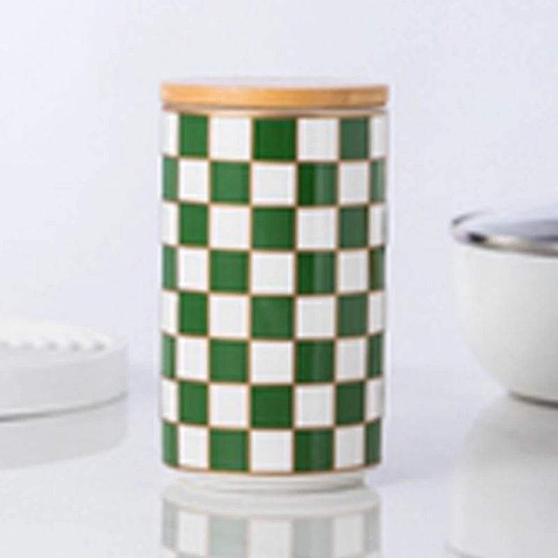 Black and White Lattice Storage Tank Checkerboard Sealed Tank Kitchen Storage Food Grade Ceramic Tank Box Tea Storage Tank