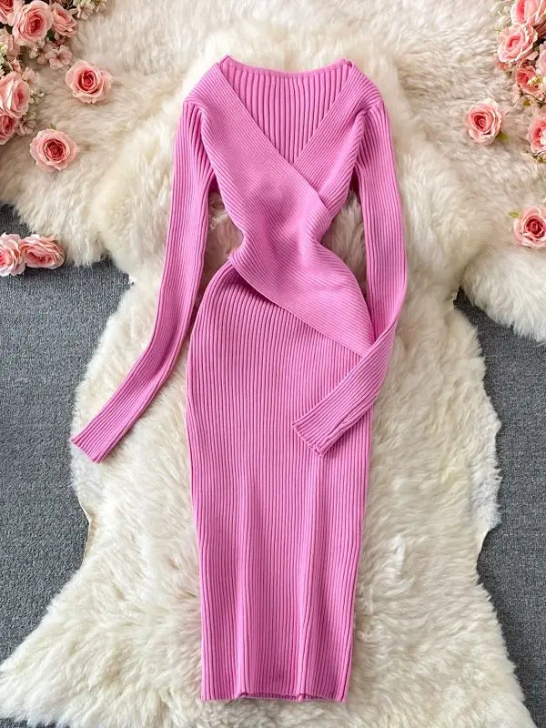 YuooMuoo Autumn Winter 2025 Women Dress Elegant Cross V-neck Slim Waist Knitted Bodycon Dress Korean Office Lady Vestidos
