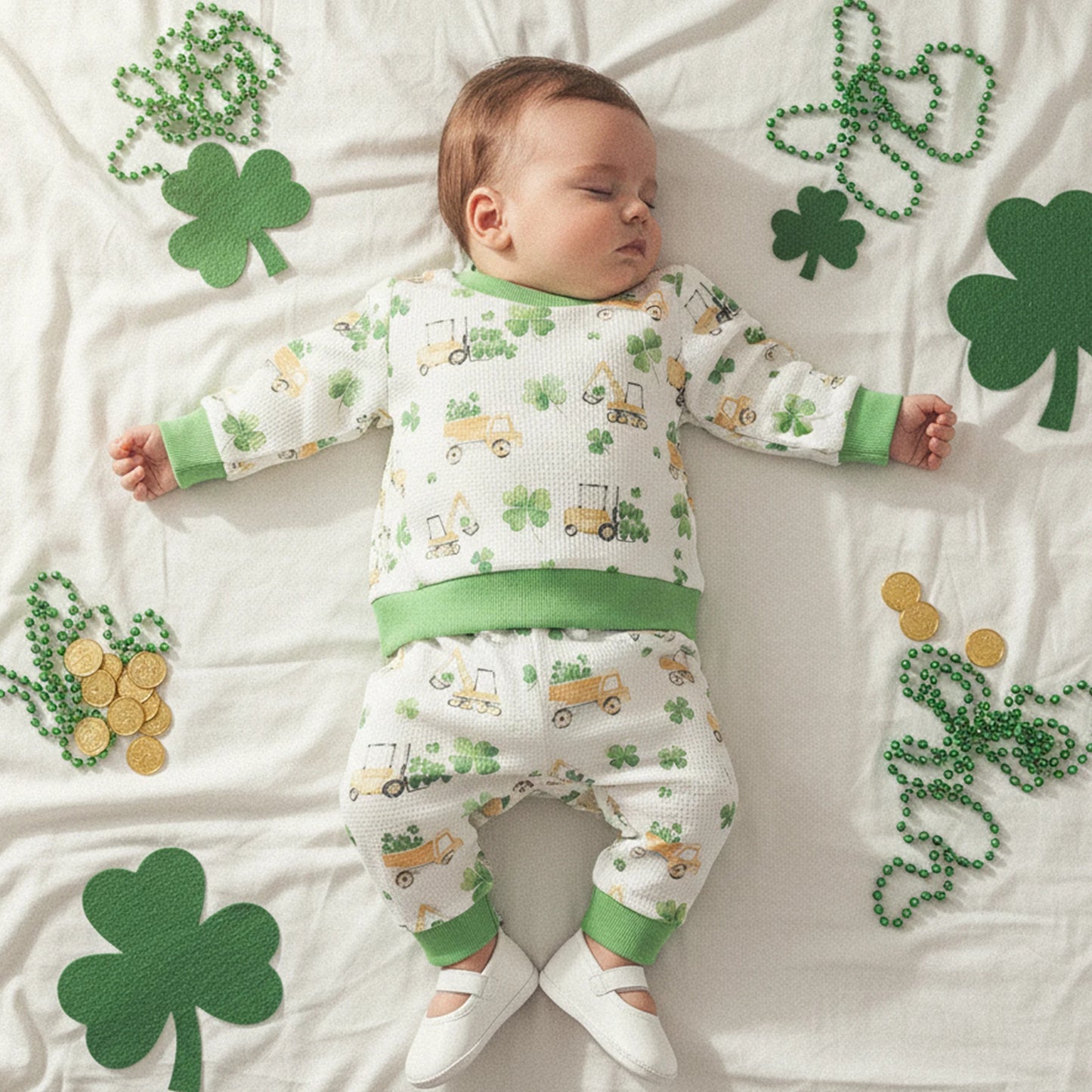 Baby Boys Pants Set, Excavator Shamrock Print Long Sleeve Sweatshirt with Sweatpants Infant Clothes
