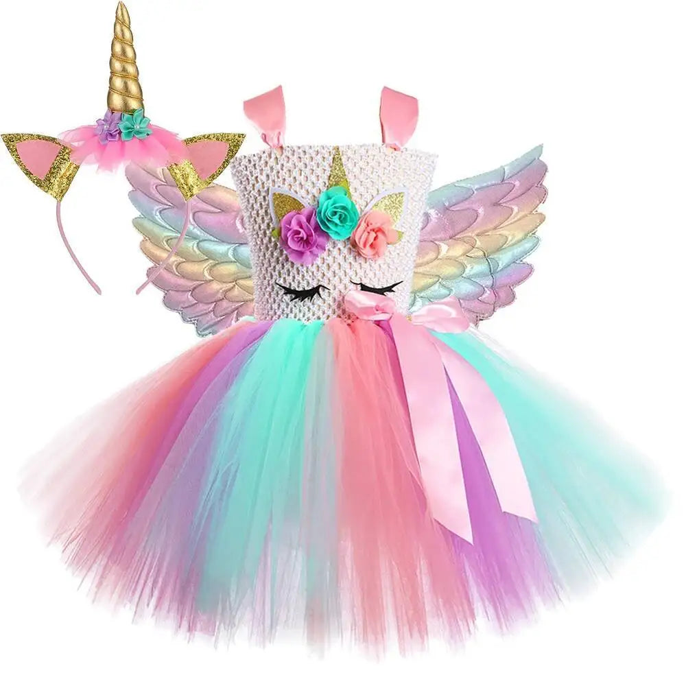 Pastel Flower Unicorn Dresses for Girls Christmas Halloween Costumes for Kids Birthday Party Outfit with Wings Horns Hairbow