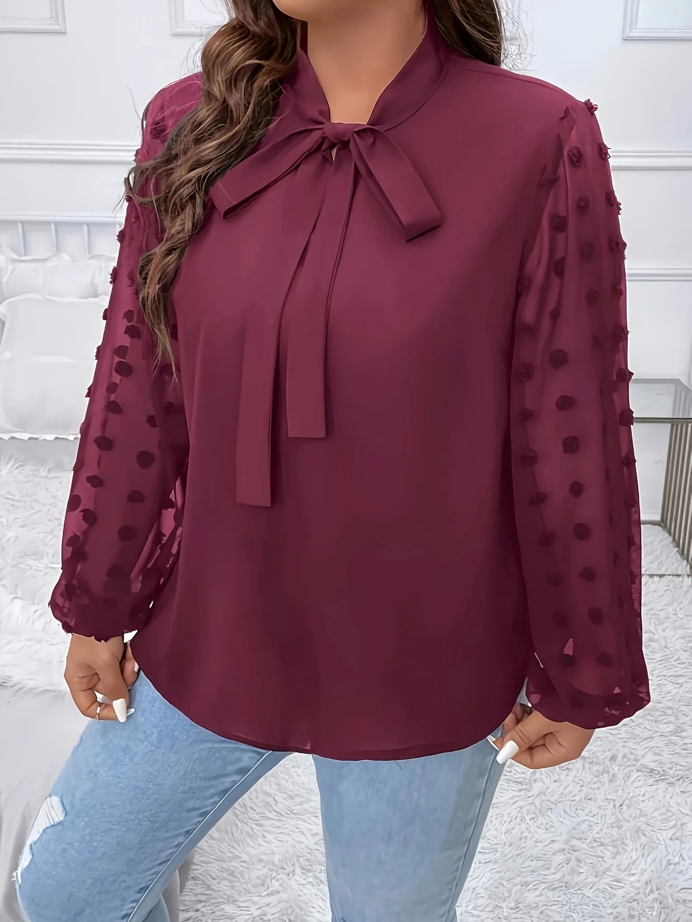 Plus Size Spring Autumn Women Elegant Bow Tie Neck Shirt Office Lady Fashion Solid Curve Clothing Casual Long Sleeve Tops