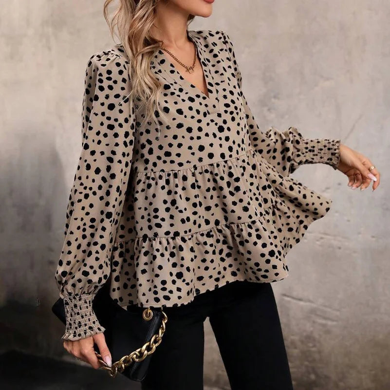 Plus Size Women's Shirt, V-Neck Long Sleeves, Geometric Polka Dot Print, Layered Design Top, Suitable for Work and Casual Wear