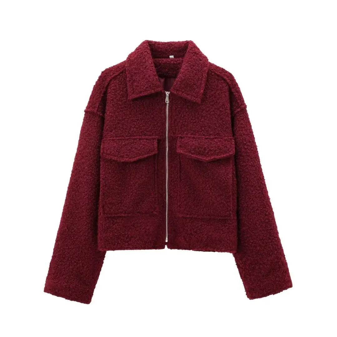 DUOPERI Women Fashion Winter Autumn Fleece Cropped Jacket Lapel Collar Long Sleeves Female Chic Lady Casual Short Outwear
