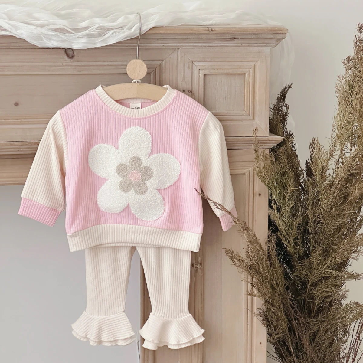 Baby Boys Girls Spring Autumn Clothes Set Cartoon Pink Flower Patch Embroidered Korean Style Tracksuit Tops Bell Bottom Pants